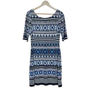 Eliza J Womens Dress 4 Blue Black White Fair Isle Scoop Neck Stretch Mini Sheath
